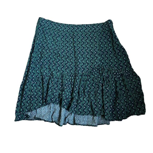 Free People NWT Green and Blue Geometric Pattern Ruffle Skirt Sz 2 - Picture 2 of 8